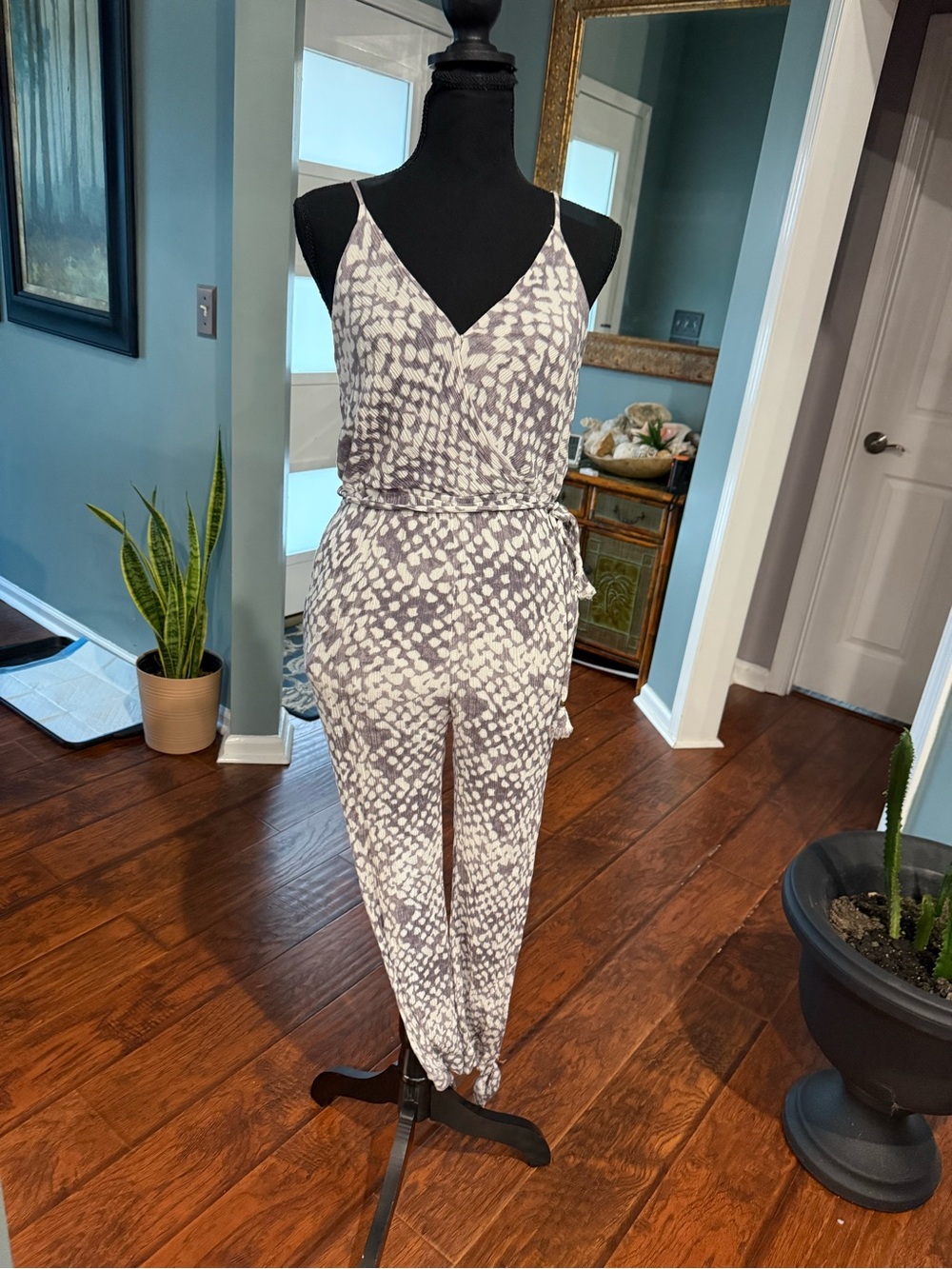 Strapless Gray & White Printed Jumpsuit with Tie Waist